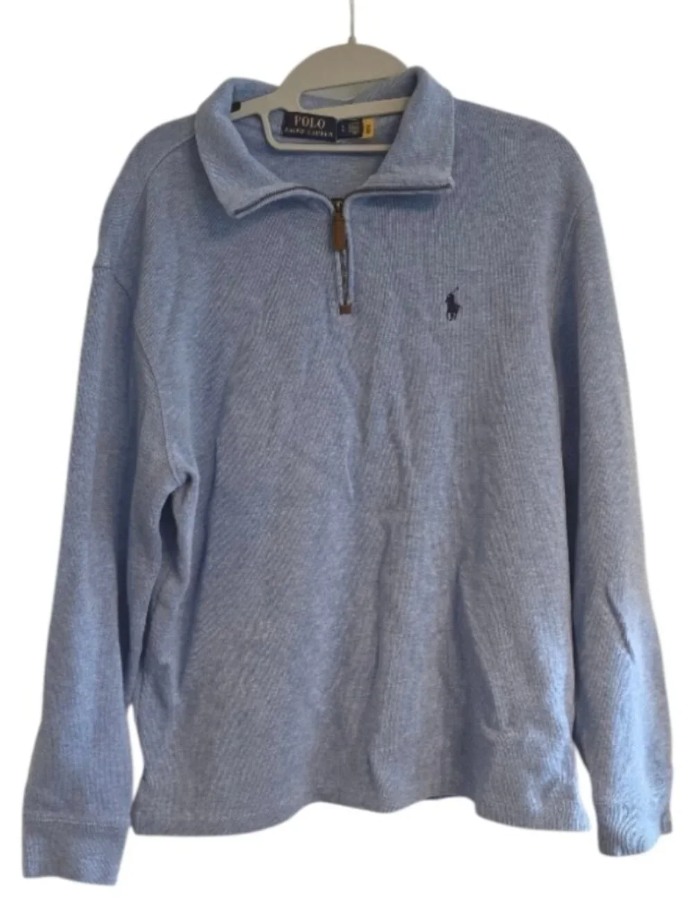 Polo by Ralph Lauren Light Blue Quarter Zip Estate Rib Sweater Mens Large Preppy